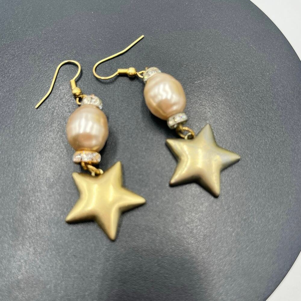 Lulu Frost Designer Champagne Pearl and Star Dangle Brushed Gold Earrings